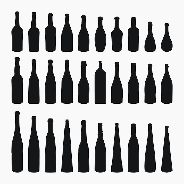 Form von silhouetten von glasflaschen für alkohol, wein, whiskey, wodka, brandy, cognac, bier, champagner