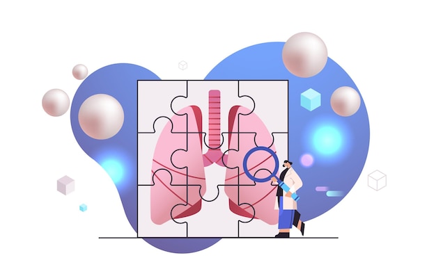 Vektor forscherin analysiert anatomisches herz des menschlichen körpers inneres organ auf puzzleteile medizin wissenschaft gesundheitswesen