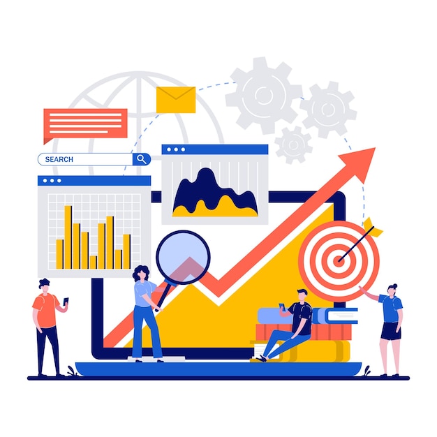 Vektor forschungs- und analysekonzepte mit winzigem charakterillustrationsdesign