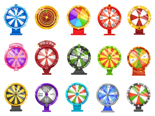 Fortune-räder lucky chance roulette-rad dreht sich, um kreise und casino-spielelemente vektor-illustrationsset zu gewinnen