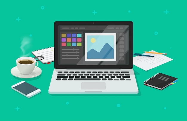 Foto- oder Grafikeditor auf flacher Karikaturillustration des Laptop-Computer Büro-Arbeitsschreibtischs
