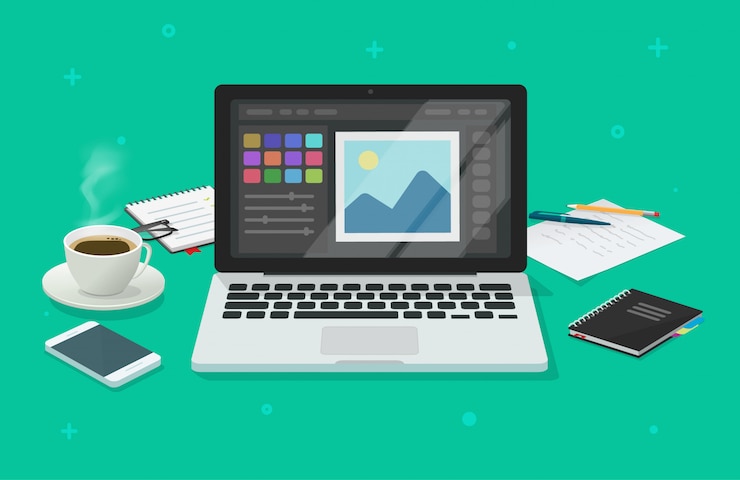 Vektor foto- oder grafikeditor auf flacher karikaturillustration des laptop-computer büro-arbeitsschreibtischs