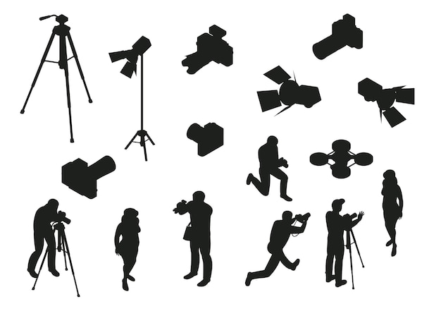 Fotograf ausrüstung icons sammlung silhouetten design premium-vektor