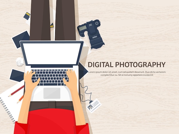 Fotografen-Ausrüstung auf einem Tisch Fotografie-Werkzeuge Fotobearbeitung Fotoshooting flacher Hintergrund