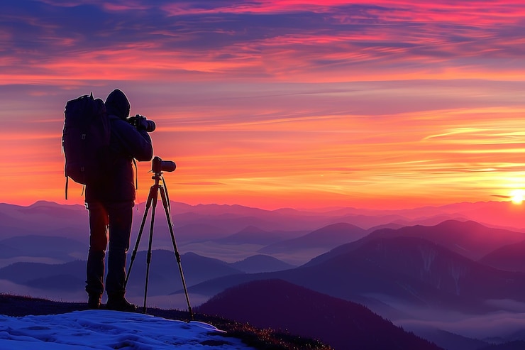 Vektor fotografen silhouette von fotografen und sonnenuntergang