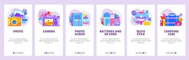 Fotokamera fotografie-symbole fotoalbum batterien und speicherkarte mobile app onboarding-bildschirme m ...