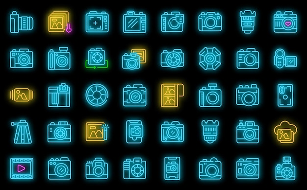 Fotokamera-symbole setzen vektor-neon
