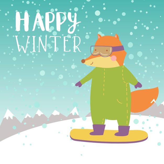 Fox in den bergen snowboarding in overalls und schutzbrillen.