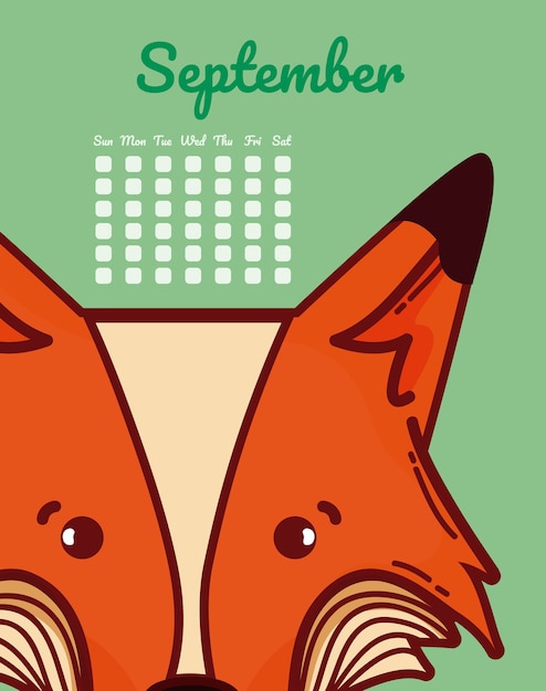 Vektor fox-september-kalenderkarikaturvektor-illustrationsgrafikdesign