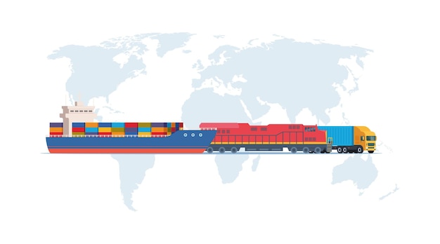 Frachtlogistik-transportkonzept frachtschiff-zug-lkw-transportn