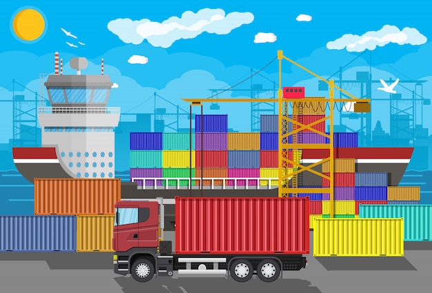 Frachtschiff, Containerkran, LKW. Hafenlogistik