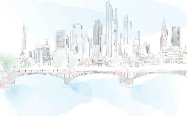 Frankfurt City Skyline Ansicht Aquarell Vektor blauer Himmel Illustration