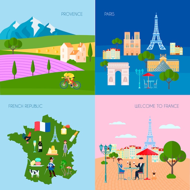 Frankreich-konzeptikonen stellten mit lokaler vektorillustration der provence- und paris-symbolebene ein