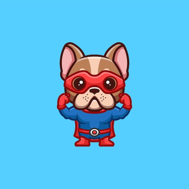 Französische bulldogge superheld süßes kreatives kawaii cartoon maskottchen logo