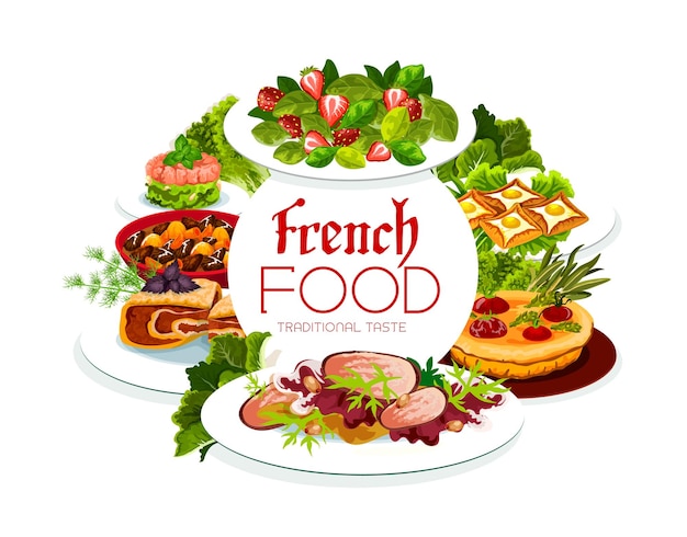 Französische Küche, Vektorplakat für französische Mahlzeiten