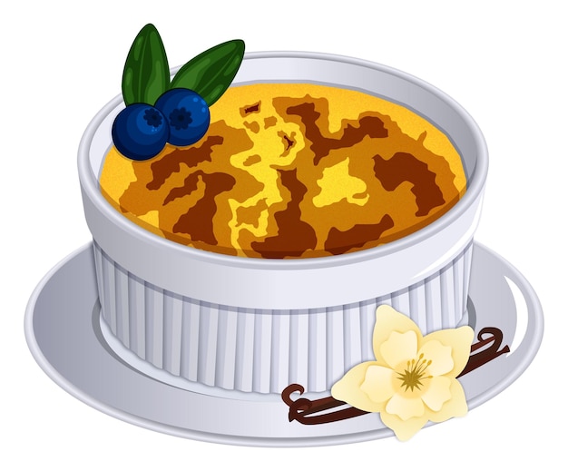 Vektor französische vanille creme brulee mit blaubeeren exquisite dessert vector illustration.