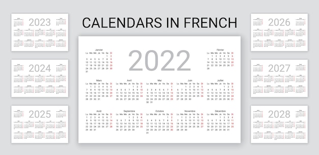 Französischer kalender 2022, 2023, 2024, 2025, 2026, 2027, 2028 jahre. woche beginnt montag. jährlicher schreibtisch-organizer