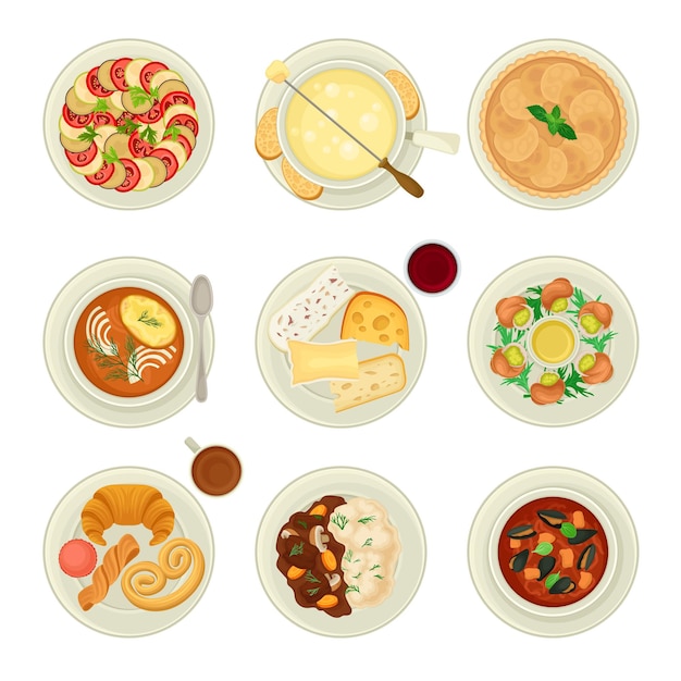 Französisches Essen und Gerichte auf Tellern Top View Vector Set