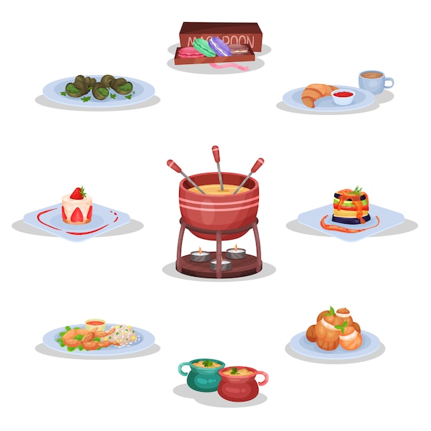 Französisches Küchenset, Makronenplätzchen, Schnecken, Käsefondue, Ratatouille, Froschschenkel, Zwiebelsuppe, Eclairs Illustrationen auf einem weißen Hintergrund