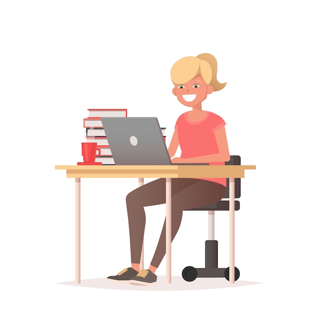 Frau am schreibtisch mit einem laptop. workflow, fernarbeit.