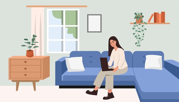 Frau arbeitet von zu Hause an einem Laptop