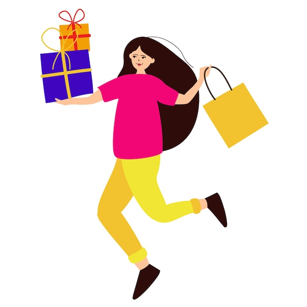 Frau auf einem einkaufsbummel mit einer einkaufstasche und geschenken vektorillustration
