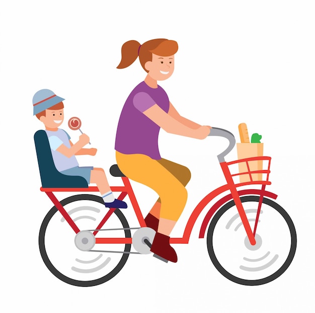 Frau auf fahrrad mit ihrem kind, das zur schule flache illustration geht