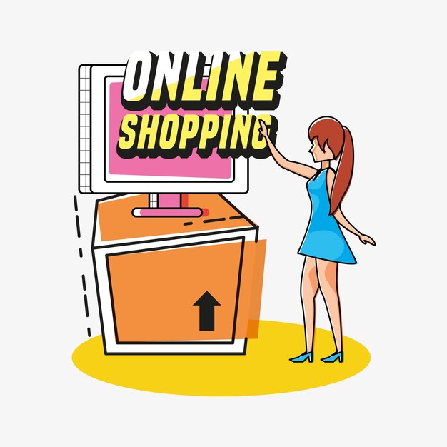 Frau avatar mit online-shopping-symbol pop-art-stil