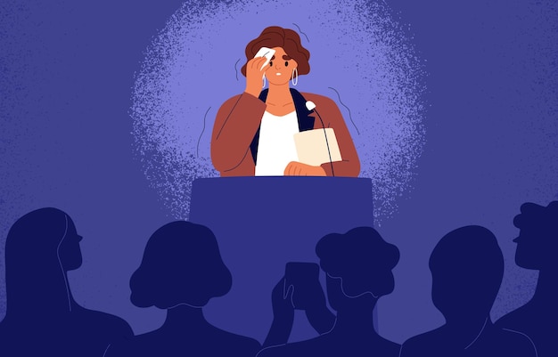 Frau, die Angst und Angst vor der Bühnenrede empfindet. Nervöser, schüchterner Redner mit Angst vor dem Publikum. Dozent, der beim öffentlichen Sprechen schwitzt. Glossophobie-Konzept. Flachvektor-Illustration einer ängstlichen Person.
