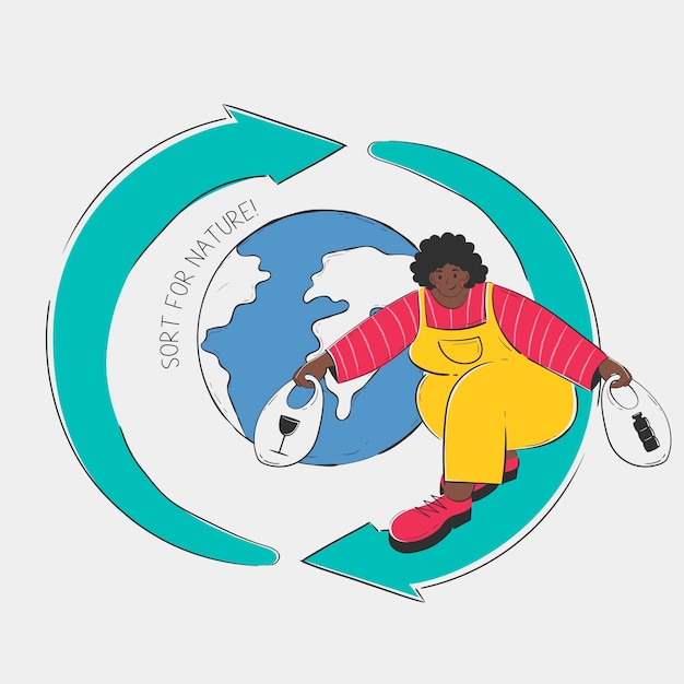 Frau, die auf dem Recycling-Logo mit Tragetasche reitet, die den Planeten umrundet, trägt Säcke aus Glas und Plastik für das Recycling