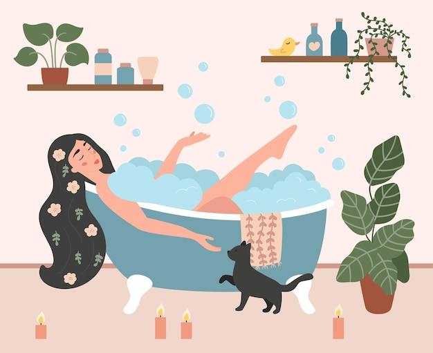 Frau, die ein bad im gemütlichen badezimmer mit schaumblasen nimmt. selbstpflege- und entspannungskonzept.