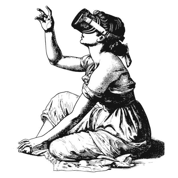 Frau, die ein virtuelles Headset im alten Gravierungsstil spielt
