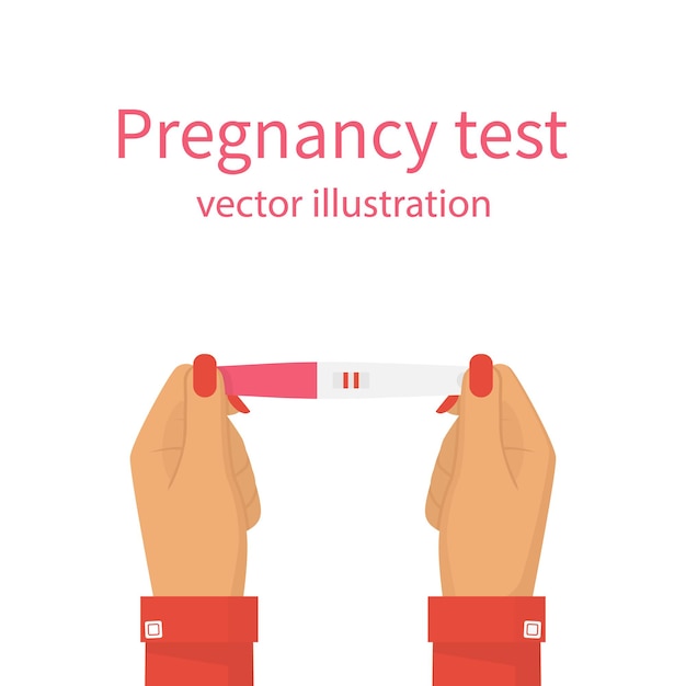 Frau, die einen positiven Schwangerschaftstest mit zwei roten Streifen in der Hand hält. Positives Ergebnis. Überprüfung des Schwangerschaftstests. Flaches Design der Vektorillustration. Auf hintergrund isoliert.