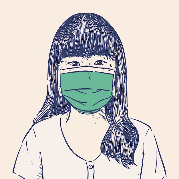 Frau, die hygienemaske trägt, um infektion zu verhindern, hand zeichnen skizze.