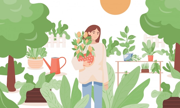 Frau, die im garten steht und einen topf mit zitronenbaumillustration hält. farmgirl gartenarbeit.