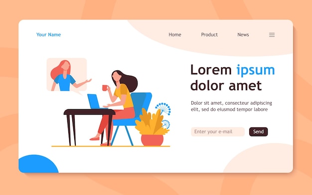 Frau, die Laptop benutzt und mit Freund spricht. Videoanruf, Sprechblase, flache Illustration der Teetasse. Kommunikations-, Online-Video-Chat-Konzept-Website-Design oder Landing-Webseite