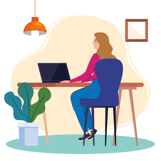 Frau, die Laptop im Schreibtisch verwendet, Online-Illustration arbeitend