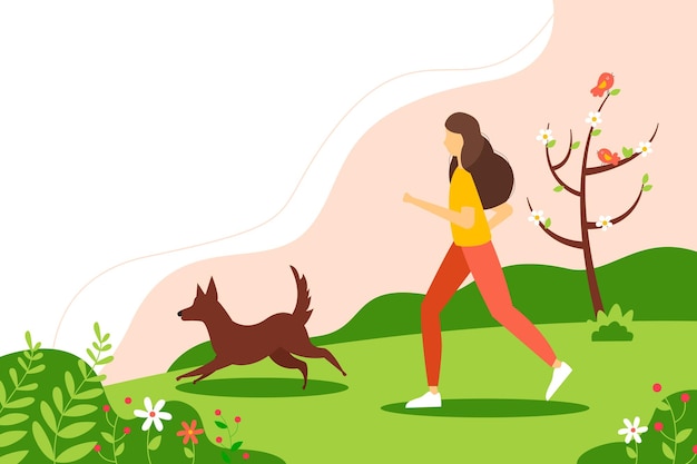 Frau, die mit dem hund im park läuft. vektorfrühlingsillustration im flachen stil.