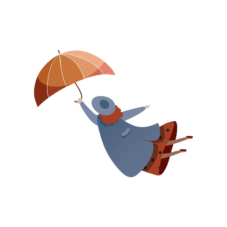 Vektor frau, die mit einem regenschirm fliegt, windiges wetter, herbstzeit, dame in blauem regenmantel und hut, trendiger vektor