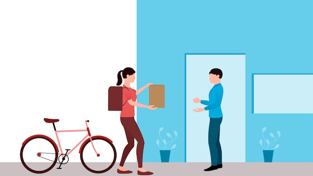 Frau, die paket an kunden mit fahrradlieferungsgeschäftsvektorillustration liefert