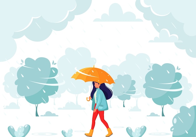 Frau, die unter einem regenschirm während des regens geht. herbstregen. herbstliche outdoor-aktivitäten.