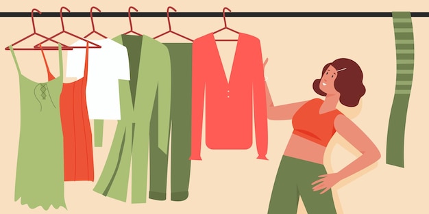 Frau, die versucht, Outfit-Kleidung auf der Garderobe im Morgenmädchen zu wählen, die entscheidet, was sie tragen soll