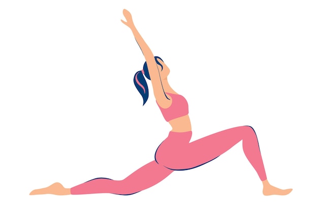 Frau, die Yoga macht. Virabhadrasana-Pose. Illustrationen für Beauty, Spa, Wellness, Naturprodukte, Kosmetik, Körperpflege, Fitness isoliert auf weißem Hintergrund. Flache Abbildung.
