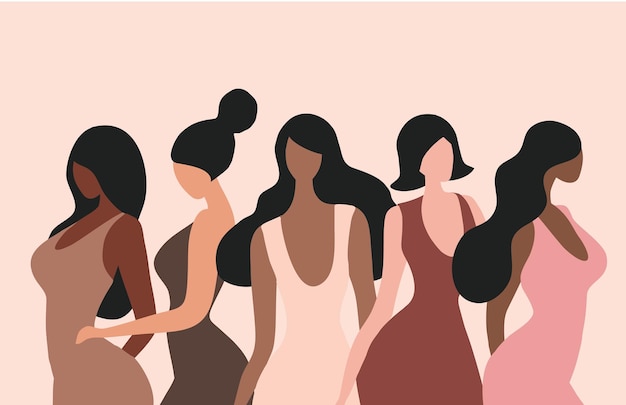Frau empowerment-konzept fünf verschiedene nationalitäten frau stark zusammen und feministisch