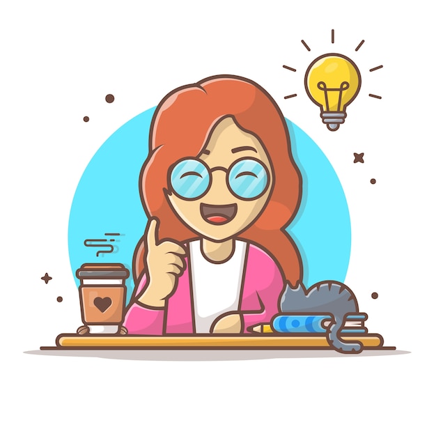 Frau erhalten idee mit kaffee und katze cartoon icon illustration. people business icon concept isoliert. flacher cartoon-stil.