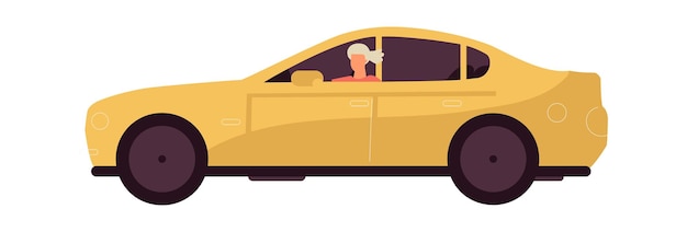 Frau fährt auto moderner gelber transport cartoon weibliches fahrendes fahrzeug isoliertes persönliches auto für die fortbewegung in der stadt oder reisen mit dem auto vektor-transport-illustration