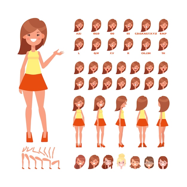 Frau für animation mit verschiedenen frisuren, emotionen, lippensynchronisation und gesten