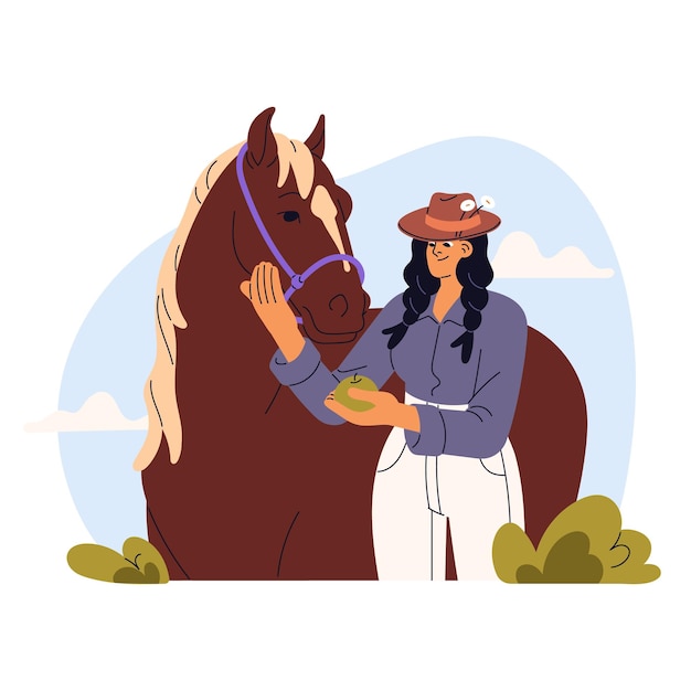 Frau füttert pferd mit apfel. stallarbeiterin kümmert sich um haustierbesitzerin liebt ihre stute. haustier frisst auf ranch. ländlicher lebensstil auf pferdefarm. flache isolierte vektorillustration auf weißem hintergrund