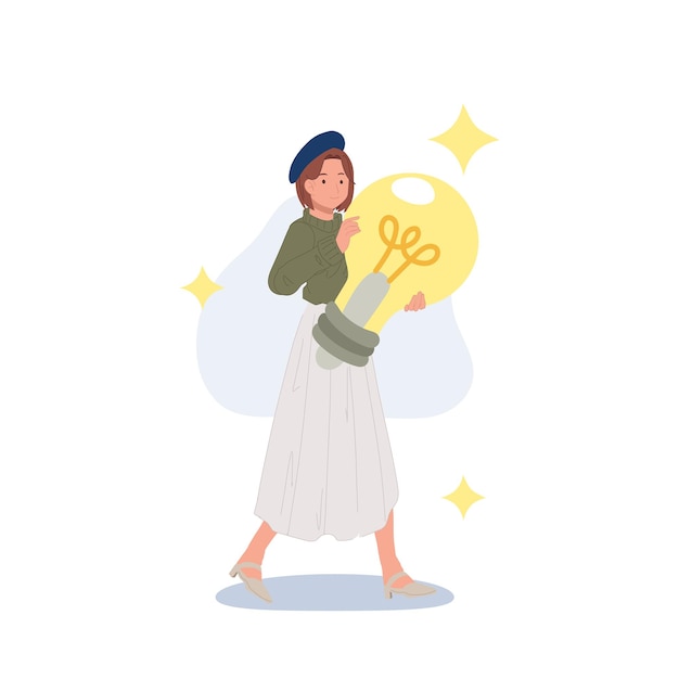 Frau hält eine große glühbirne in der hand neues kreatives ideenproblem gelöst kreatives denken innovation gehirnaktivität inspiration flach vektor-cartoon-illustration