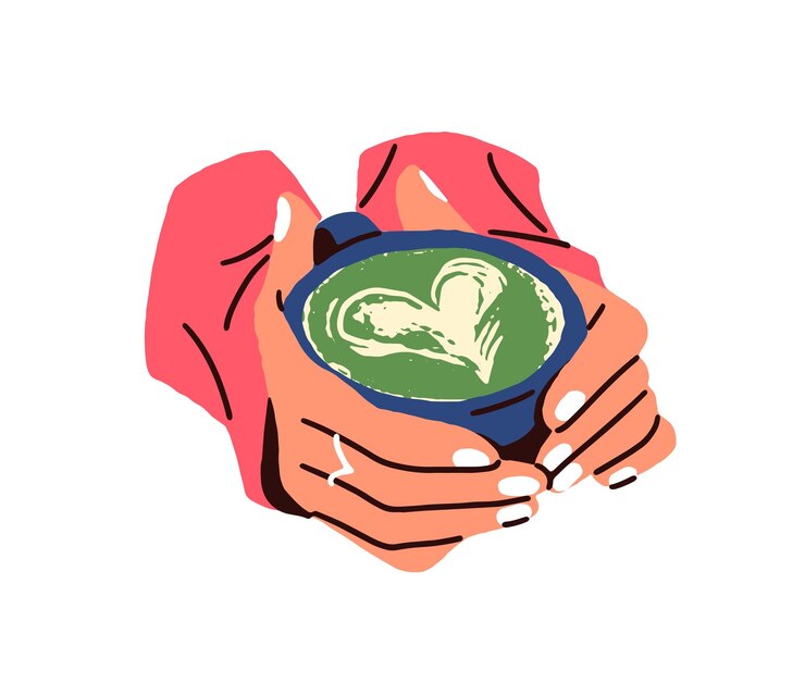 Vektor frau hält eine tasse matcha mit herzmuster auf schaum keramikbecher mit organischem grünem tee naturgetränk in weiblichen händen teekuppen mit heißem getränk flach isolierter vektor-illustration auf weißem hintergrund